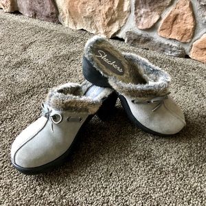 Skechers grey silver slip ons with faux fur trim